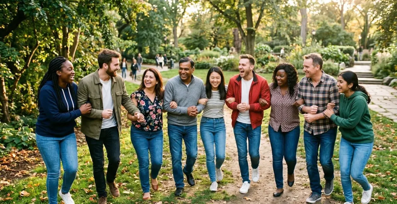 Groupe de collaborateurs d'entreprise participant à une activité de cohésion en extérieur, ambiance détendue et conviviale