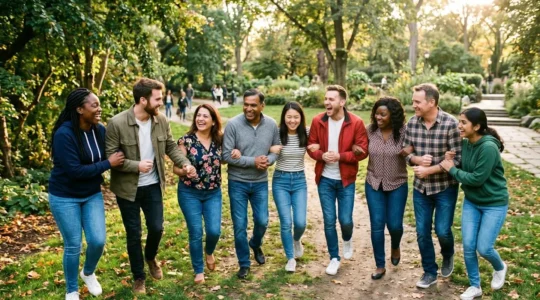 Groupe de collaborateurs d'entreprise participant à une activité de cohésion en extérieur, ambiance détendue et conviviale