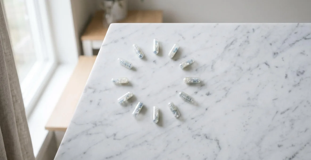 Gélules de collagène translucides disposées en cercle sur une surface en marbre blanc avec une lumière naturelle douce