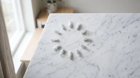 Gélules de collagène translucides disposées en cercle sur une surface en marbre blanc avec une lumière naturelle douce