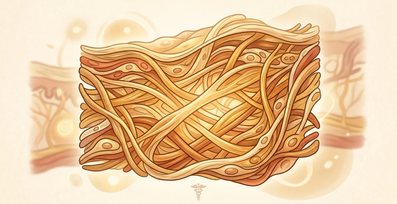 Illustration abstraite organique de fibres cutanées stylisées montrant la fermeté et l'élasticité après supplémentation en collagène