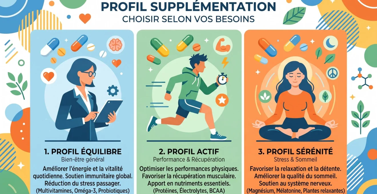 Infographie plate représentant trois profils utilisateurs avec leurs dosages de collagène en gélules associés