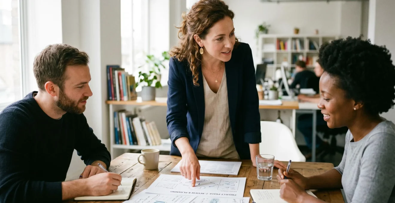 Responsable RH préparant le budget d'une journée team building avec son équipe autour d'une table de réunion