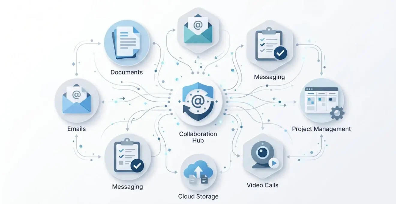 Schéma illustrant l'intégration d'un flux de recommandé électronique dans un environnement d'outils collaboratifs professionnels