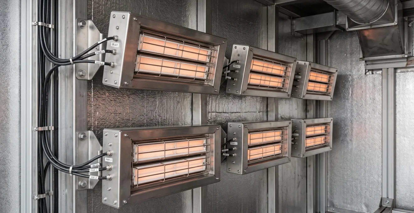 Cassettes infrarouges en acier inoxydable montées en quinconce à l'intérieur d'un four de séchage automobile, avec émetteurs céramiques orange et câblage industriel visible