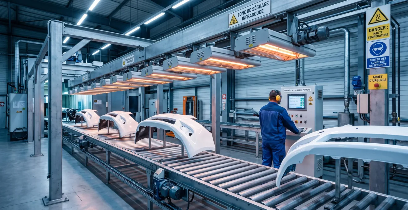 Ligne de production automobile avec modules infrarouges rectangulaires montés au-dessus d'un convoyeur transportant des pare-chocs blancs, opérateur surveillant le panneau de contrôle dans une usine moderne française