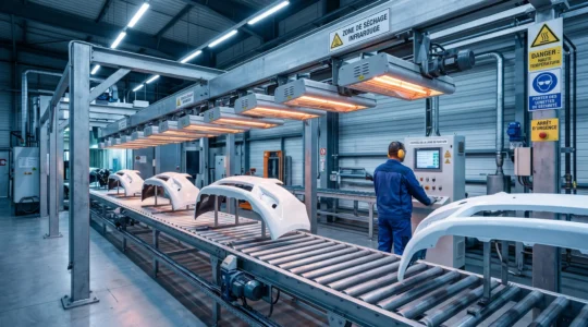Ligne de production automobile avec modules infrarouges rectangulaires montés au-dessus d'un convoyeur transportant des pare-chocs blancs, opérateur surveillant le panneau de contrôle dans une usine moderne française