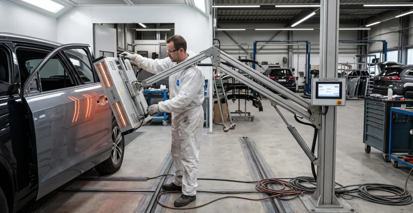 Opérateur en combinaison blanche positionnant un panneau infrarouge orientable monté sur bras articulé devant une portière de véhicule grise dans un atelier de retouche peinture automobile