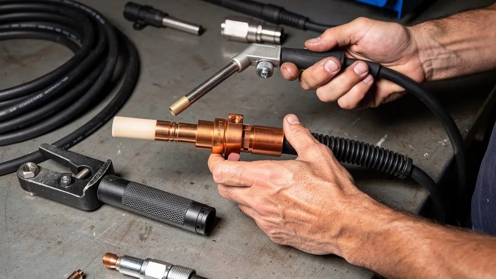 Gros plan sur des accessoires de soudage TIG et MMA disposés sur une table d'atelier, montrant torches et câbles