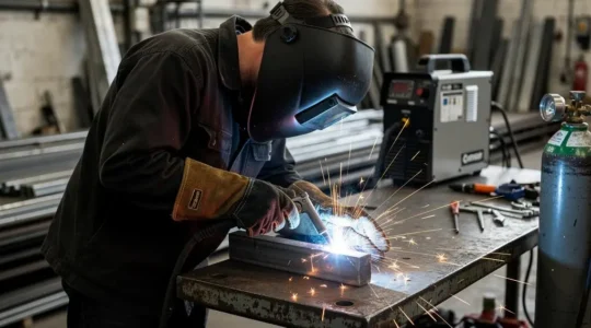 Débutant en soudure MIG travaillant sur une pièce métallique dans un atelier, arc électrique visible et équipement de protection complet