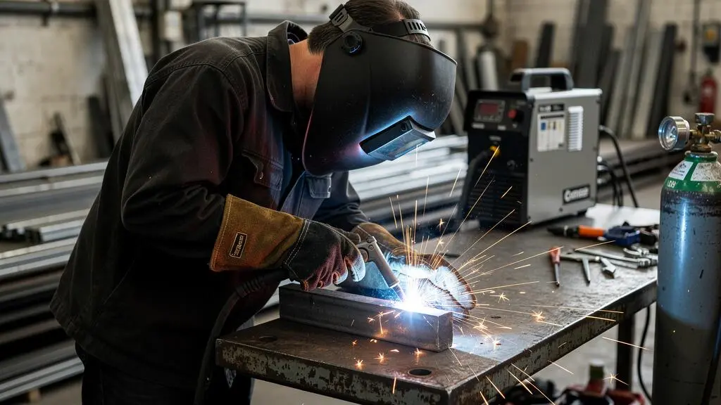 Débutant en soudure MIG travaillant sur une pièce métallique dans un atelier, arc électrique visible et équipement de protection complet