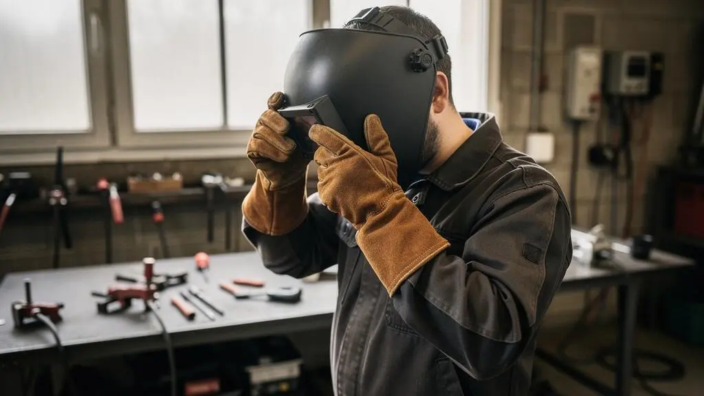 Soudeur débutant debout dans un atelier, ajustant son masque de protection avant de commencer à travailler