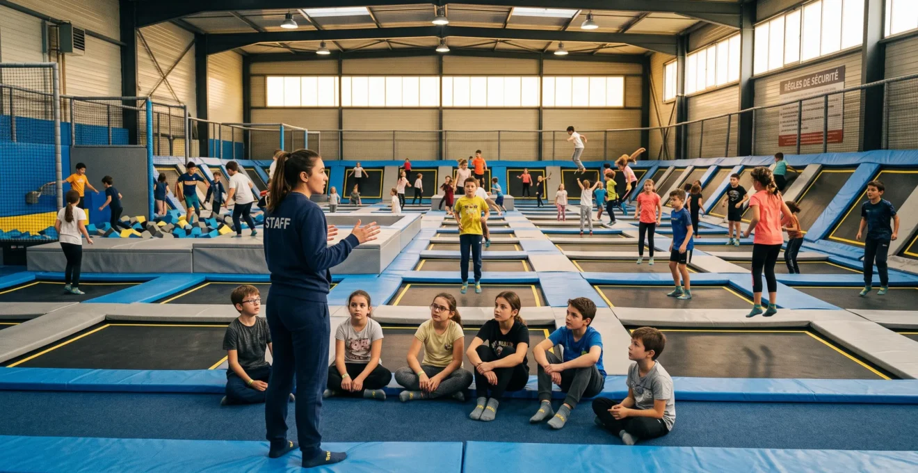 Des enfants sautent sur les trampolines d'un parc intérieur pendant qu'un accompagnant leur explique les consignes de sécurité.