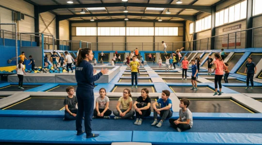 Des enfants sautent sur les trampolines d'un parc intérieur pendant qu'un accompagnant leur explique les consignes de sécurité.