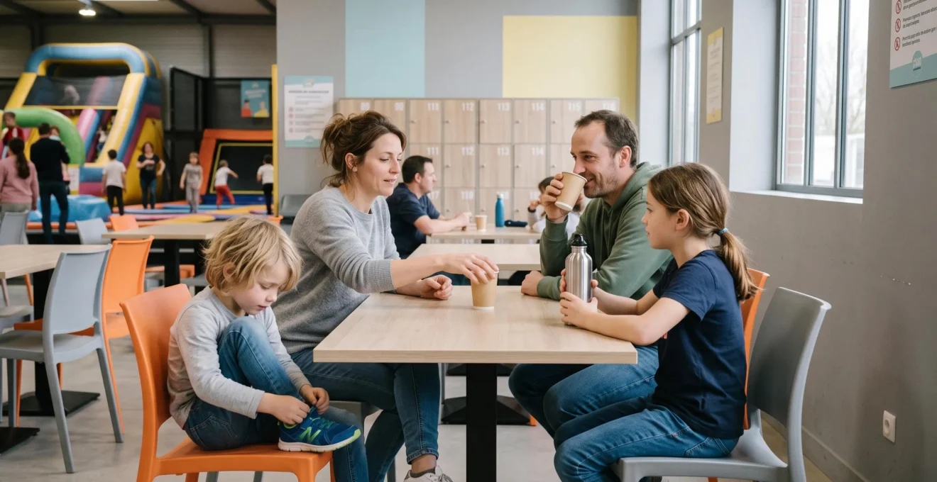 Une famille avec deux enfants se repose à une table de la zone détente d'un trampoline park, près des casiers.