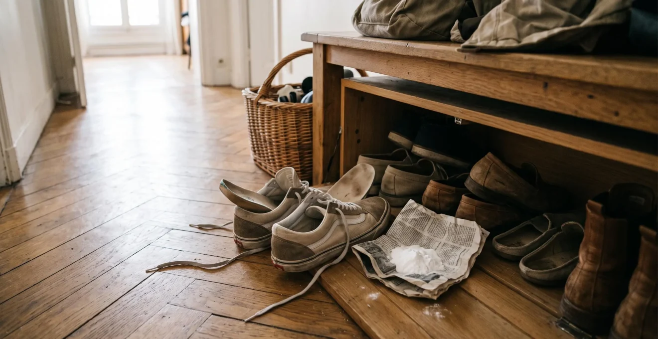 Des baskets aérées dans un meuble à chaussures ouvert dans une entrée d'appartement.