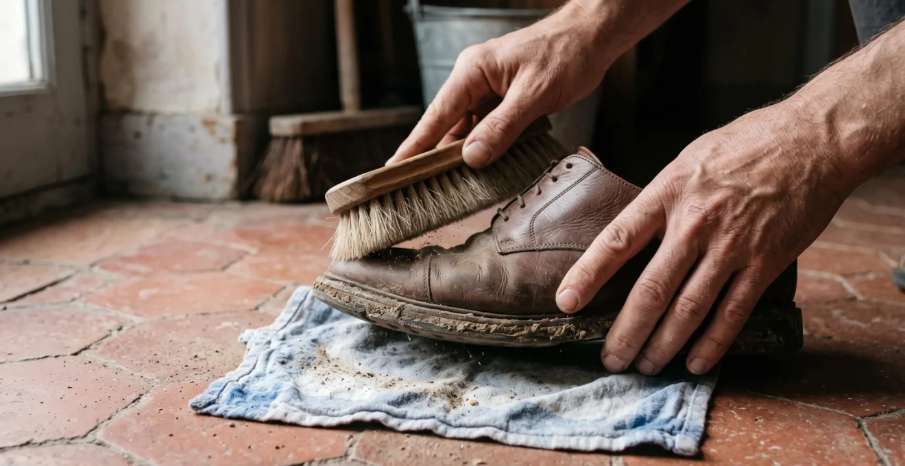 Des mains brossent la poussière d'une chaussure en cuir avant de la ranger.