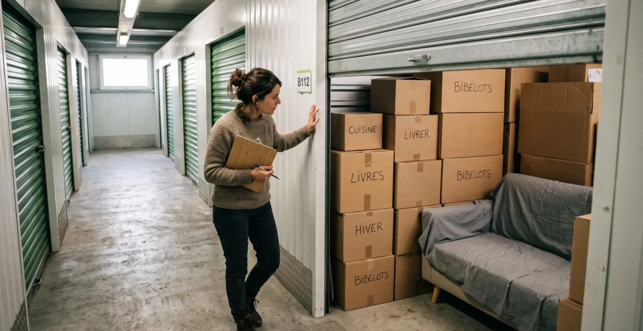 Une femme vérifie des cartons dans un box de stockage en Normandie