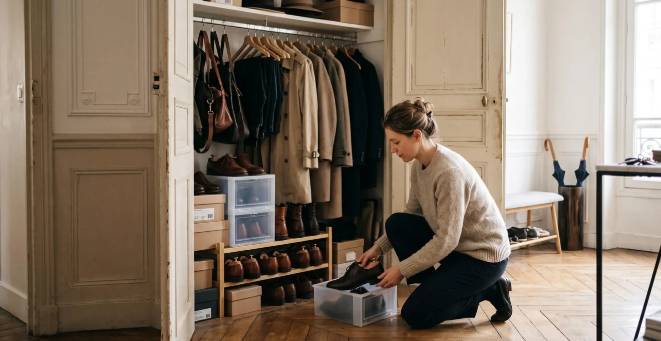 Une personne range soigneusement une paire de chaussures en cuir dans une boîte de rangement.